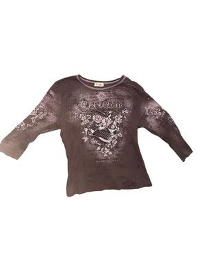 Cactus Womens Large Chocolate Brown Rhinestone Floral Graphic 3/4 Sleeve Top